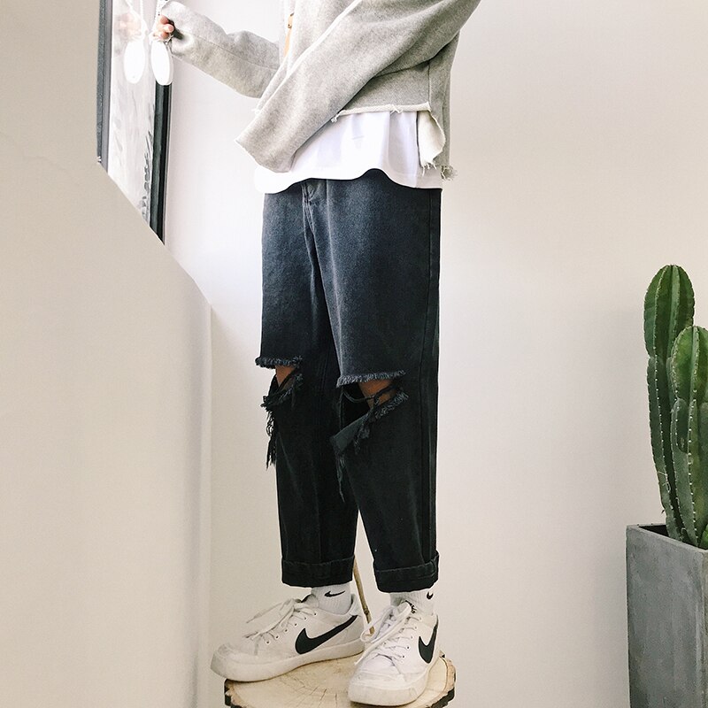 Snygg koreansk stil herr vogue cowboyhål raka jeans svarta vardagsbyxor lösa jeansbyxor plus size m -2xl