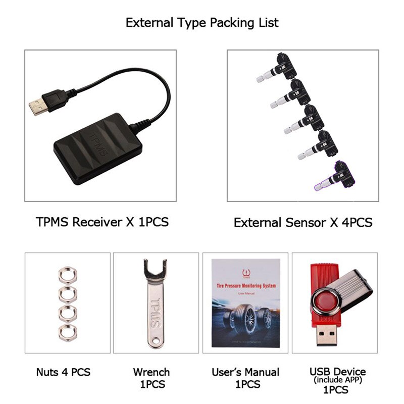 USB Spare Tire Pressure Monitoring System TPMS Built-in 5 Sensors Real-Time Display for Android Navigation