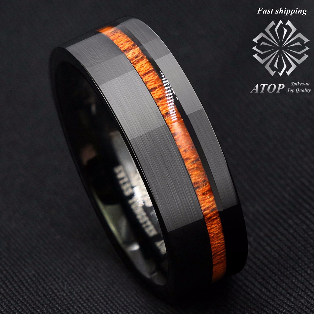 Anneau de mariage en bois Koa noir brossé en carbure de tungstène de 8mm