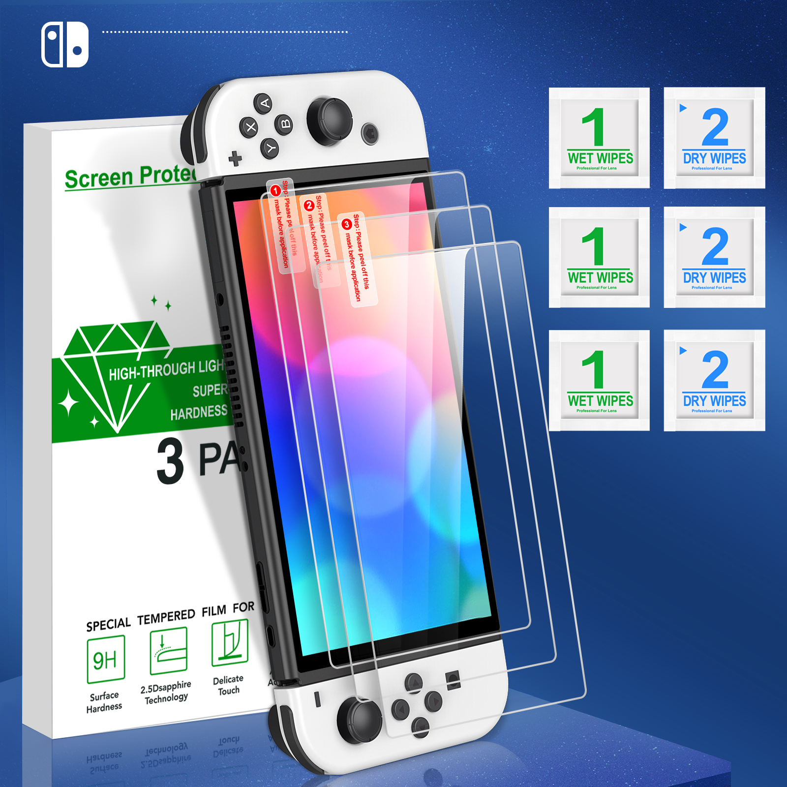 3pc 9h tempered glass screen protector for nintendo switch oled ns, glass accessory film