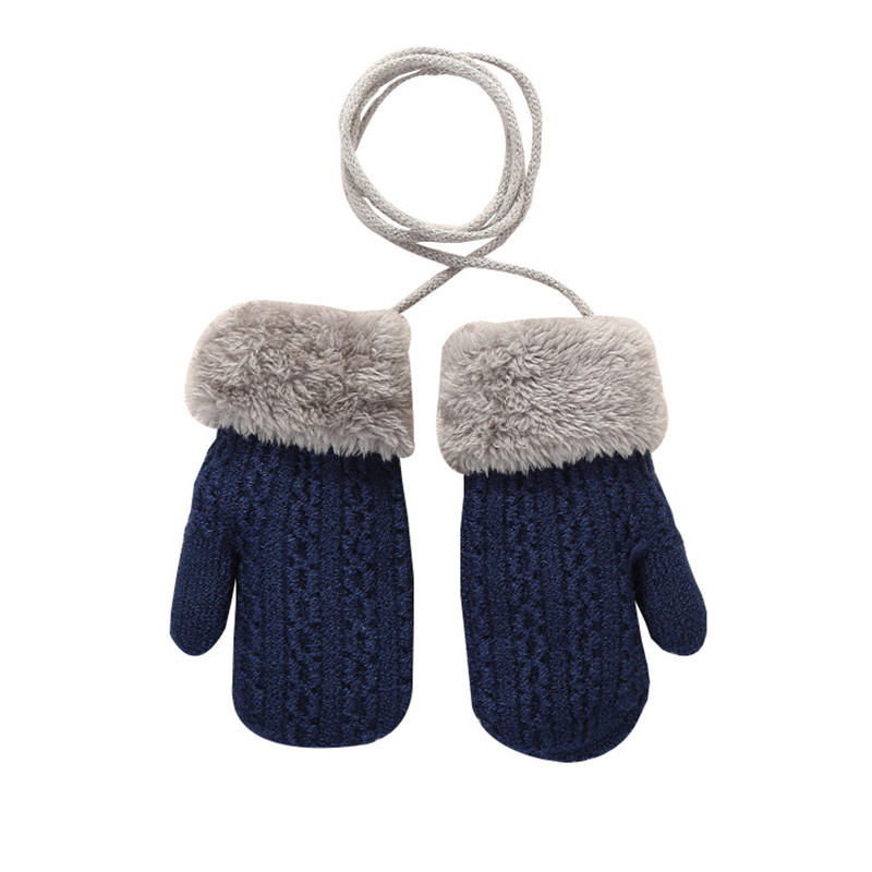 Baby Winter Knitted Warm Gloves With Rope Children Kids Infants Patchwork Outdoor Mittens Wool Plush Thick Gloves