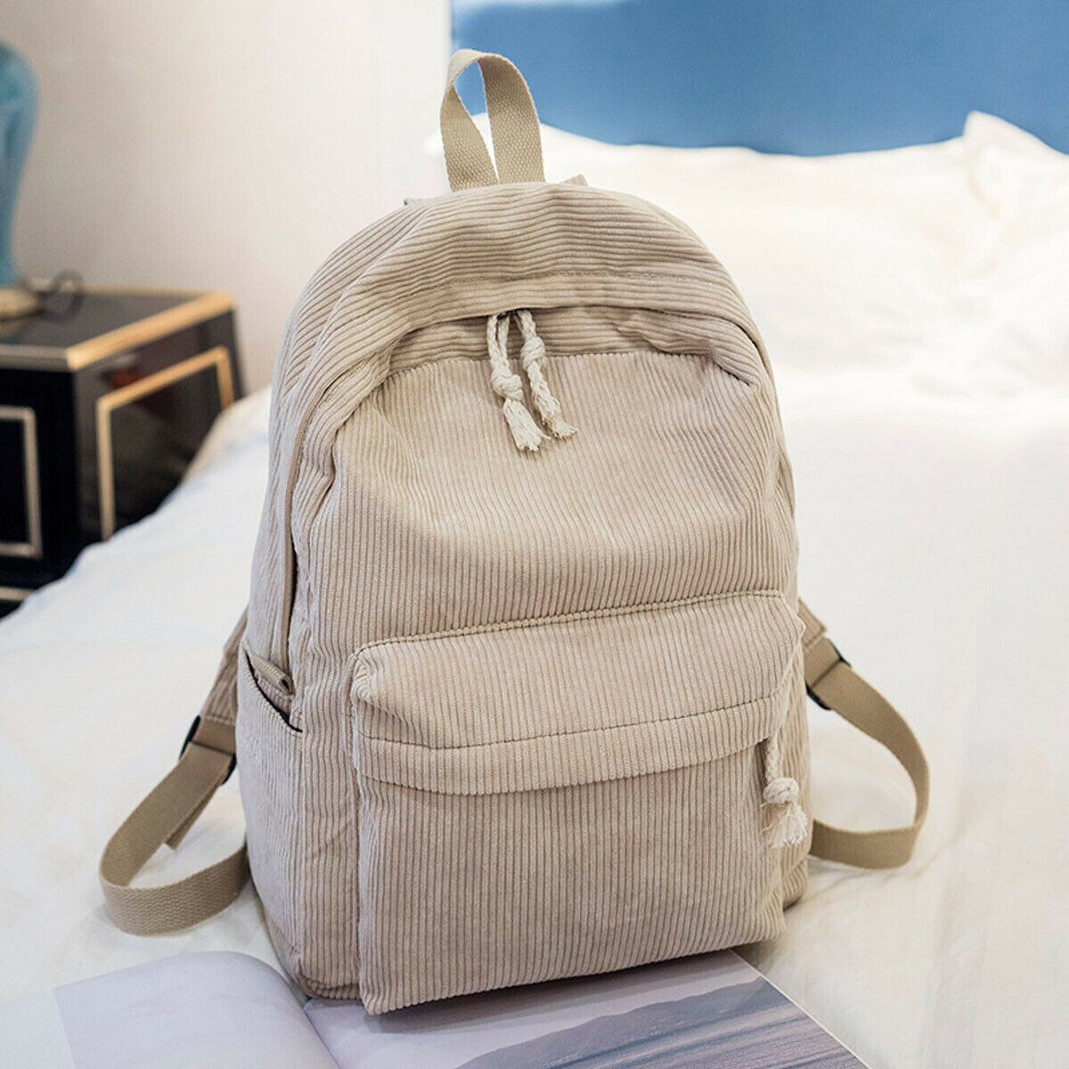 Kvinner dame enkel preppy stil corduroy ryggsekk jenter casual ensfarget dobbel glidelås reiser skolesekk rosa blå grå grønn: Aprikos