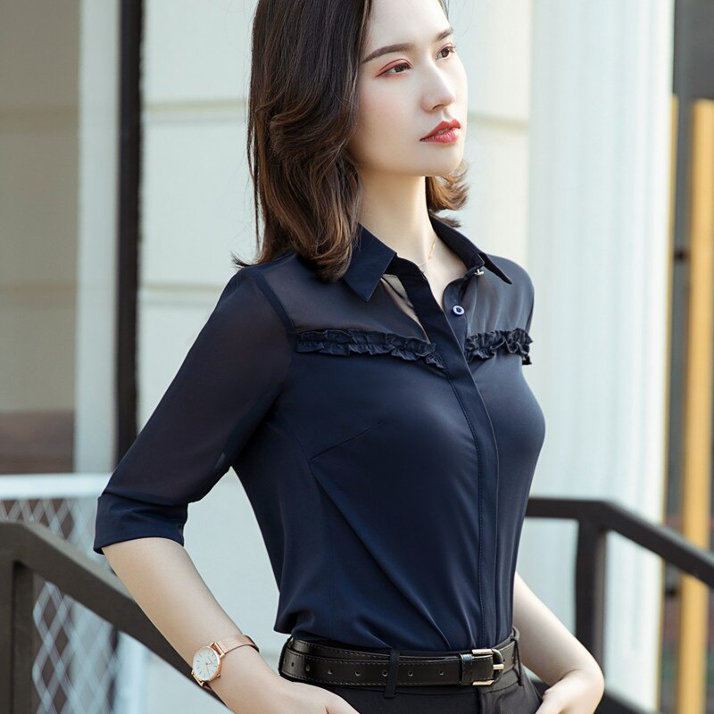 Half Sleeve Shirt Women Chiffon Summer Temperament Formal Blouses Office Ladies Plus Size Work Tops