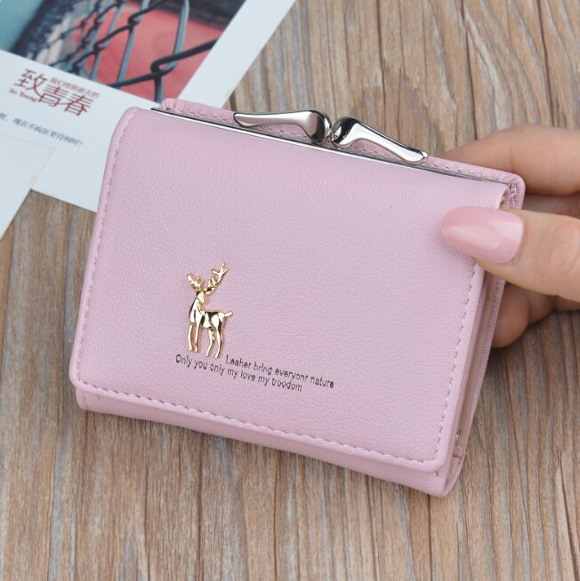 Cartoon Leather Women Purse Pocket Ladies Clutch Wallet Women Short Card Holder Cute Girls Deer Wallet Cartera Mujer: Pink