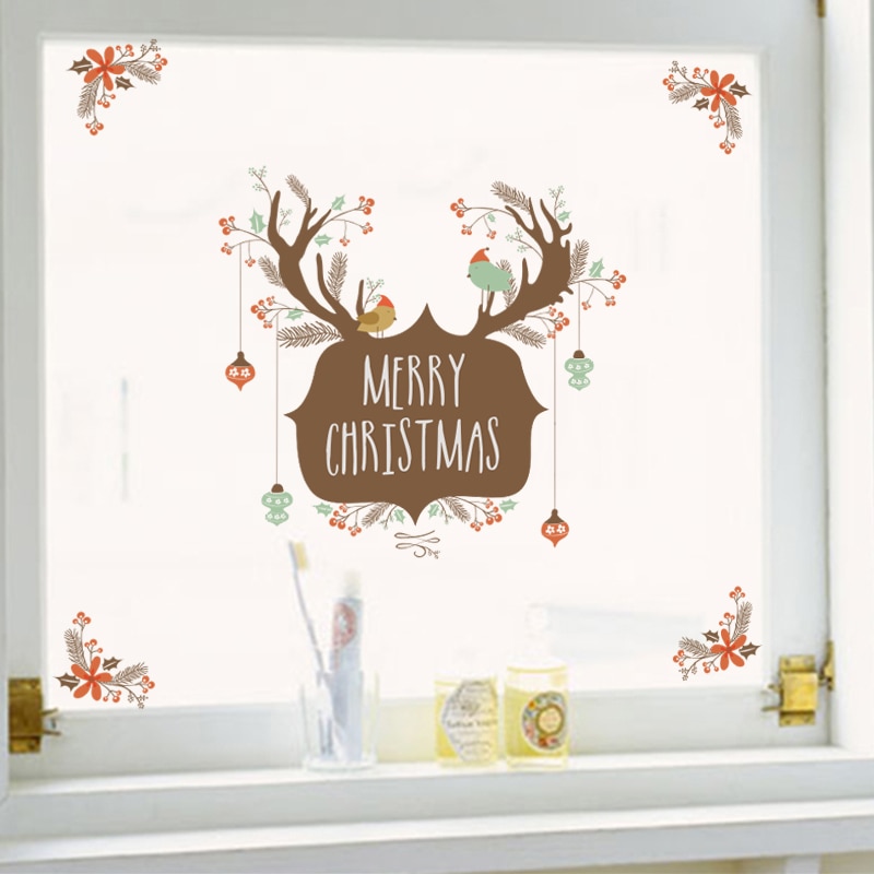 God jul elg fugle væg klistermærker til børneværelser butiksvindue tegneserie dyr vægoverføringsbilleder kunst diy år plakater