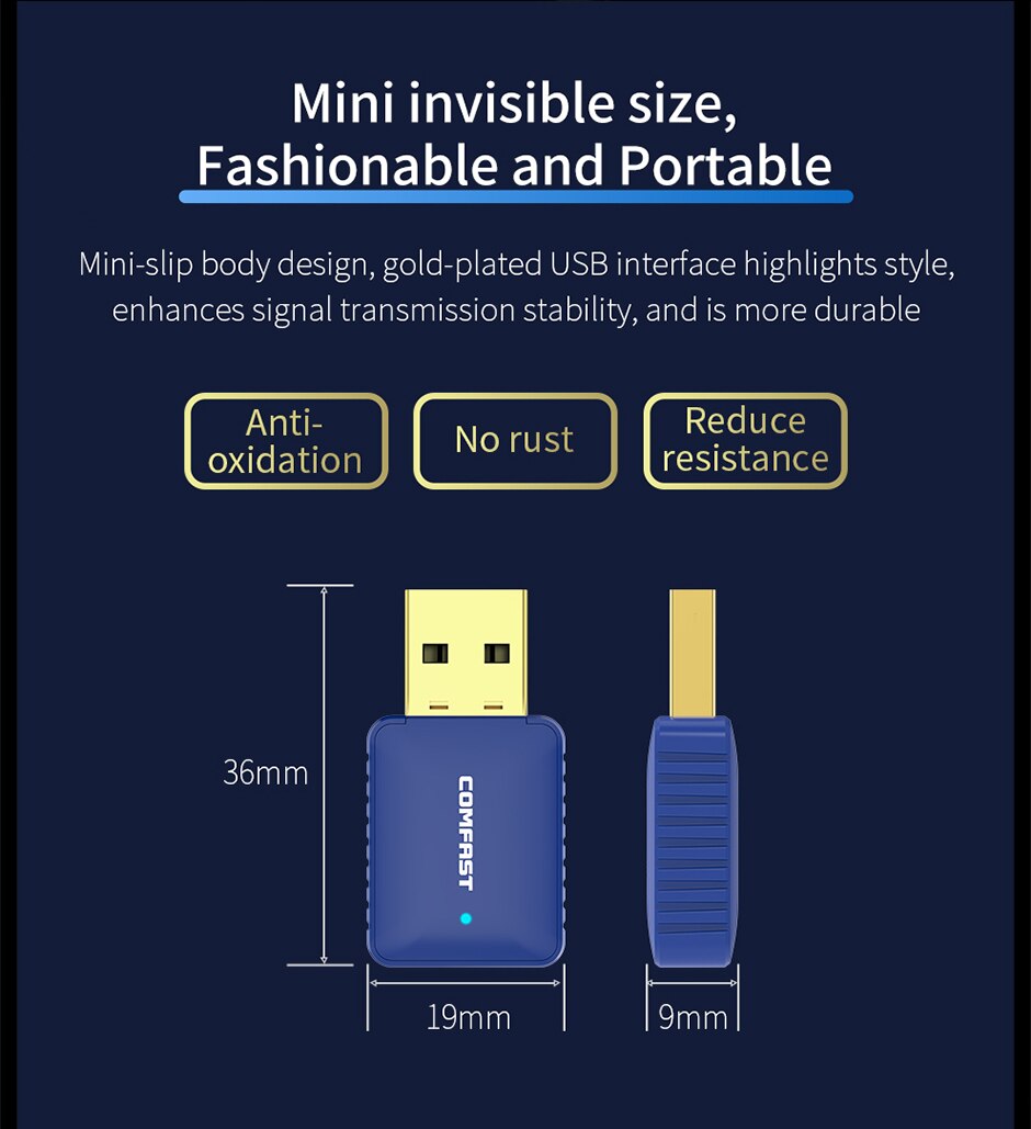 Comfast CF-726B Mini USB 650Mbps sans fil Wifi adaptateur Dongle récepteur 5.8Ghz réseau LAN carte PC Bluetooth 4.2 recevoir transmettre