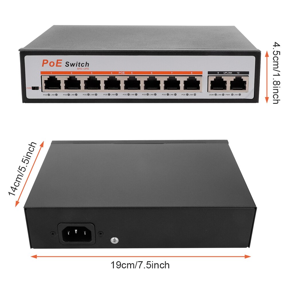 10 Ports 100Mbps PoE+ Switch 8 Ports PoE+(Plus) 802.3af/at 30W 2 Uplink Ethernet