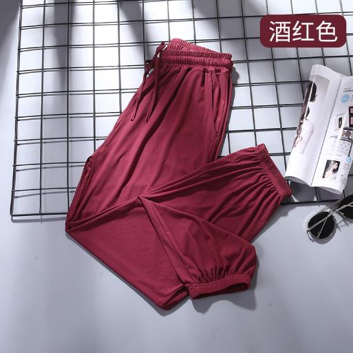 Ice silk wide-leg home pants women&#39;s spring autumn pajamas pant high waist drape lounge wear bloomers pant loose sleep pants: wine red