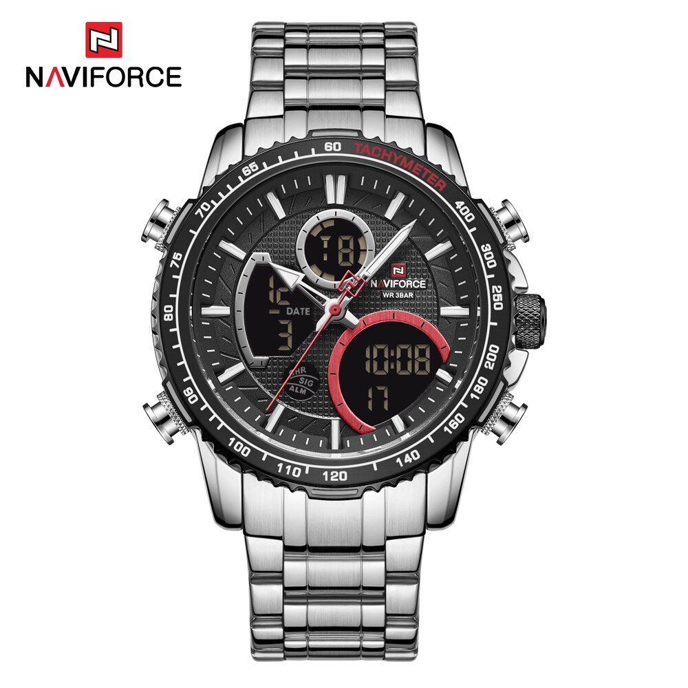 Naviforce Mannen Horloge Waterdichte Grote Wijzerplaat Sport Horloges Mannen Analoge Digitale Waterdichte Quartz Horloge Datum Mannelijke Klok: Silver Black