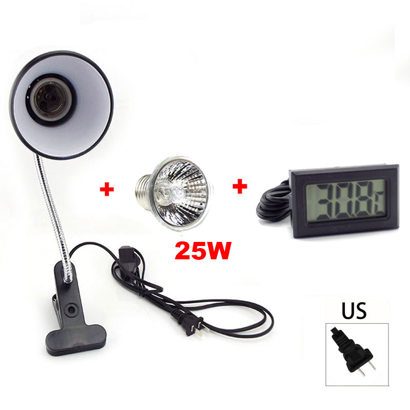 Set di portalampada per rettili UVA UVB con termometro a Clip igrometro lucertola tartaruga tartaruga Basking lampadina riscaldante 220V: 25W US Set B