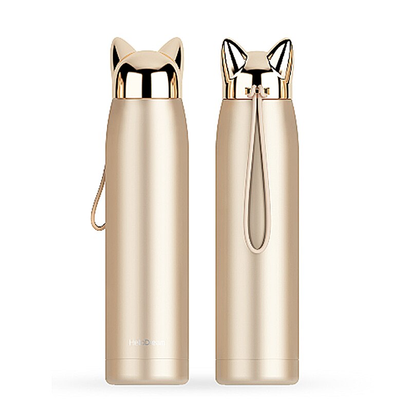 1 stücke Nette Edelstahl Katze ohren Thermos Tassen Thermocup Isolierte Becher Vakuum Glaskolben Thermo Kaffee Becher Reise Flasche Becher: lang Gold
