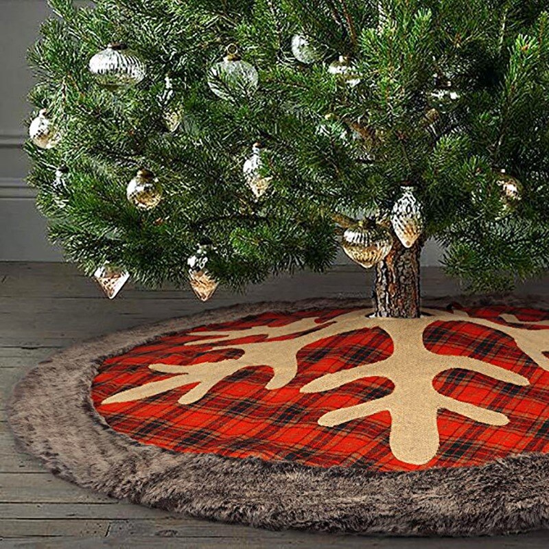 Jupe de sapin de noël 36 pouces grande toile de jute Plaid flocon de neige avec épaisse fausse fourrure bord jupe rustique arbre de noël décorations de