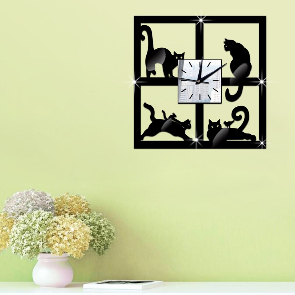 Gato preto 3d cristal espelho relógio de parede quartzo sala de estar decorativo relógio de parede adesivo de parede decoração da sua casa 28x28cm