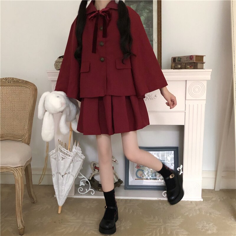 Spring Year Red Petite Set Japanese Style Cloak Coat Women's Inner Vest Pleated Dress japanese school uniform