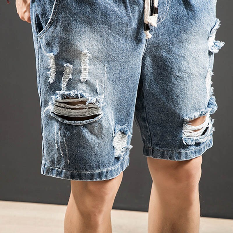 Summer Denim Shorts Male Short Jeans White Blue Hip Hop Harem Ripped Hole Drawstring Waist Mens Joggers 5XL