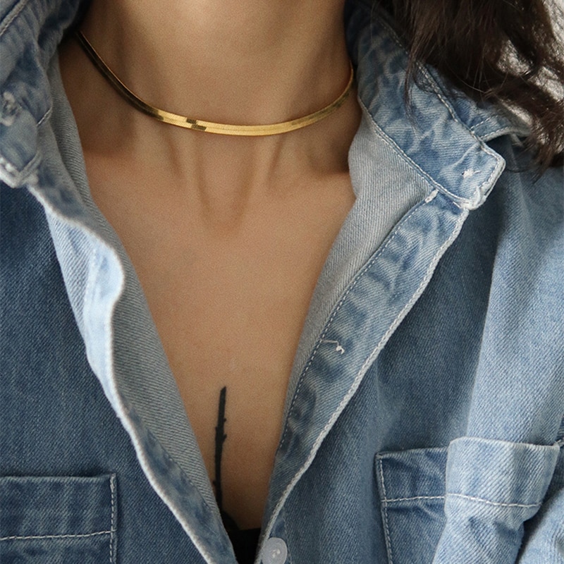 Peri'sbox 2 størrelser flade slangeben halskæder guld sølv farve titanium stål halskæder til kvinder bred minimalistisk halskæde