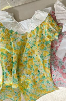 2068B Girl Dress Summer 2022 Short Sleeve Korean Floral Dress Cotton Princess Flying Sleeve Dress Children's Dress: Yellow / 130 for 7y