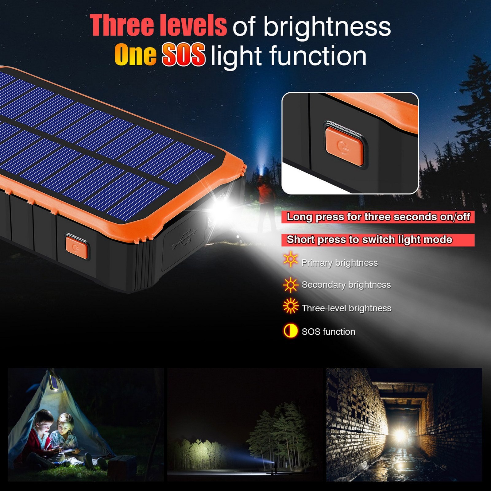 12000mAh Hand Crank Solar Power Bank Charger Portable Solar Charger Powerbank LED Flashlight Outdoor Emergency Light Tools