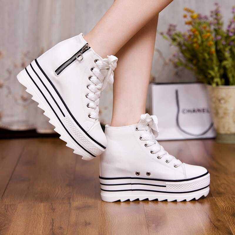 Vita kilar canvas skor kvinna sneaker höga platåskor high top sneakers dam dold klack ledig dragkedja vulkaniserade skor