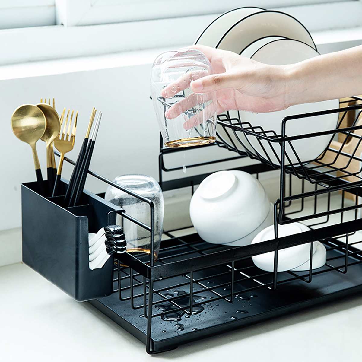 2 Tiers Bestek Afdruiprek Gebruiksvoorwerp Houder Afdruiprek Drogen Keuken Opslag Plank