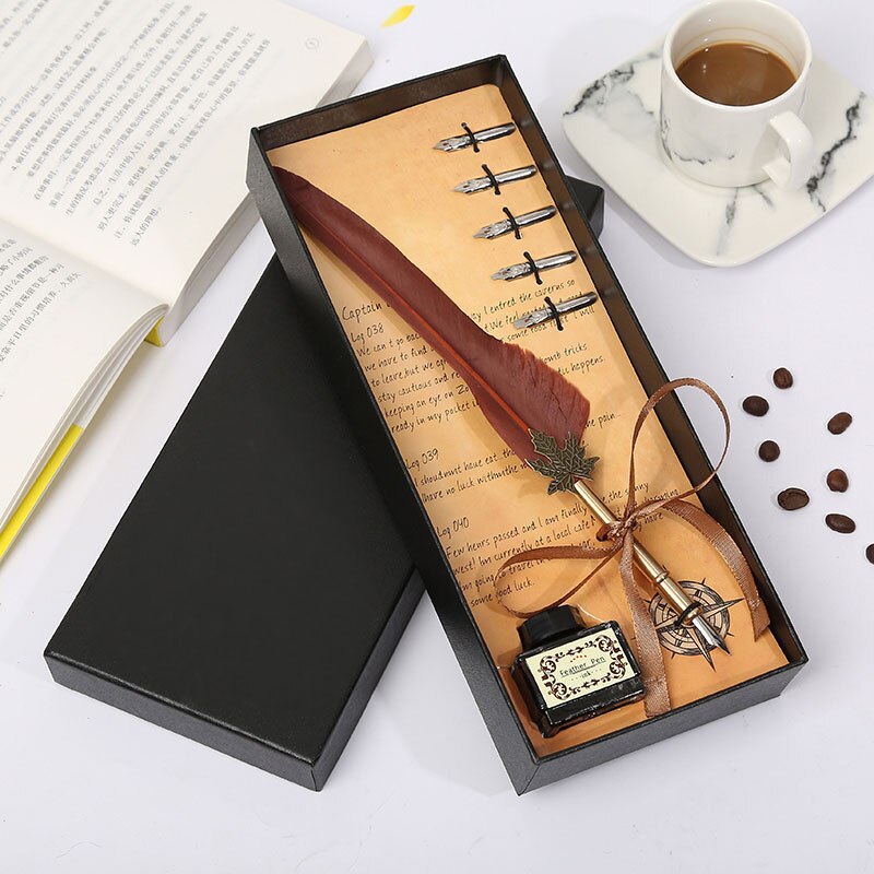 Retro Vintage Kalligrafie Veer Pen Schrijven Pen Briefpapier Geschenkdoos Bruiloft Student Briefpapier Set: browm
