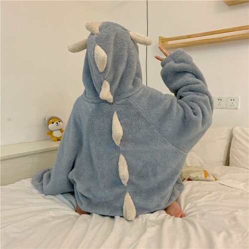 Pijamas con orejas de dibujos animados para mujer, ropa de dormir con capucha de lana de Coral, bonita y cálida para el hogar, Otoño e Invierno: Blue