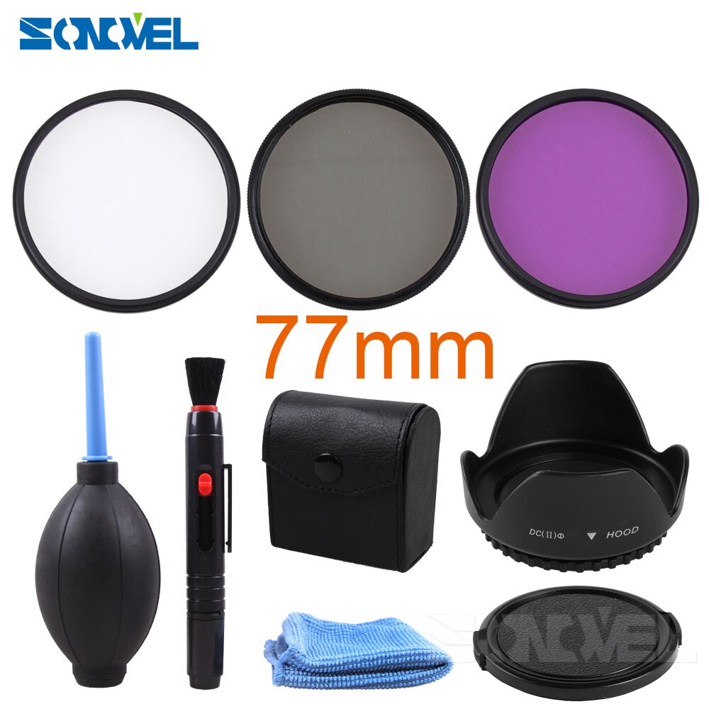 49 52 55 58 62 67 72 77 Mm Uv Cpl Fld Filter Set + Petal Flower Zonnekap + voorste Lensdop Cover + Cleaning Kit Voor Canon Nikon Sony: 77MM