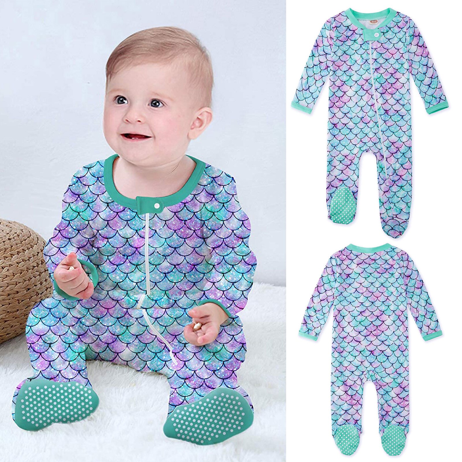 Roupa de dormir recém-nascido macacão infantil do bebê da menina do menino sereias impressão pijama sleeper zíper footed macacão vetement enfant fille: 0-3Months