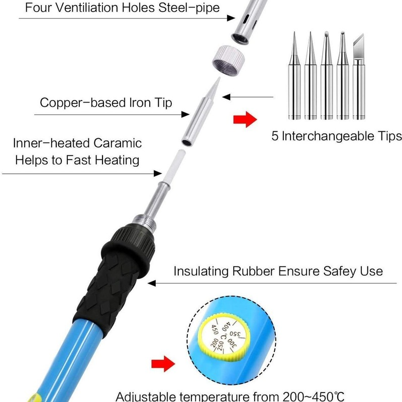 60W Soldering Iron Kit with Adjustable Temperature Welding Tools with ON-Off Switch Soldering Kits Heater Soldering Tips Rework