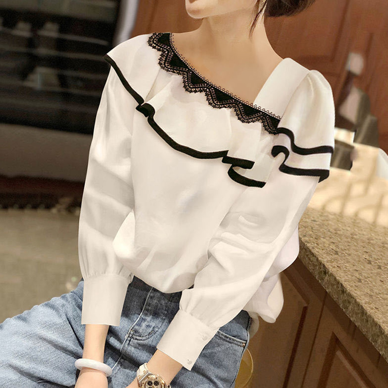 Blusa holgada de estilo coreano para mujer, camisa informal con cuello Diagonal, volantes, encaje, Patchwork, , primavera y verano, novedad: L / Beige