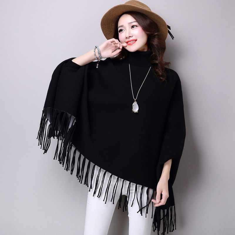Otoño Invierno mujer Casual Pullover mujeres capa con borlas de punto capa suelta Boho Poncho capas chal suéter sólido abrigo A70: Black