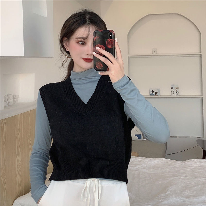 Sweater vest kvinder teenagere trendy ærmeløs tøj strikning beskåret afslappet pasform løst falder all-match solid mujer basic: Sort