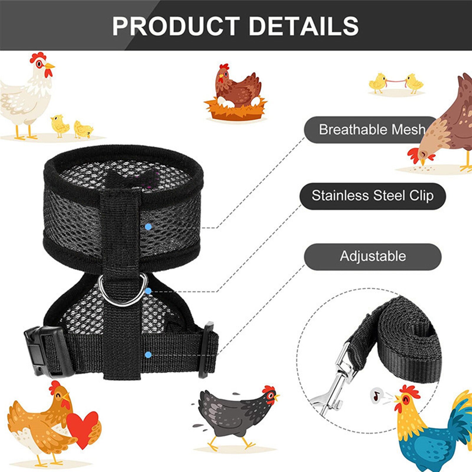 Harnais de poulet réglable, taille de poule avec laisse assortie, gilet élastique et confortable, respirant pour poulet canard chien chat