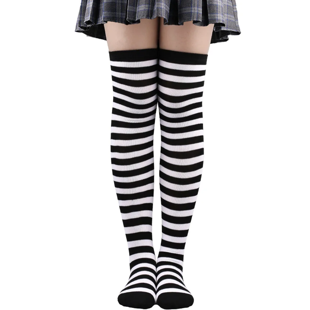 Medias altas hasta el muslo a rayas para mujer, calcetines largos por encima de la rodilla en negro, blanco y rosa, Cosplay de Lolita Harajuku Y2k 2025: Plata