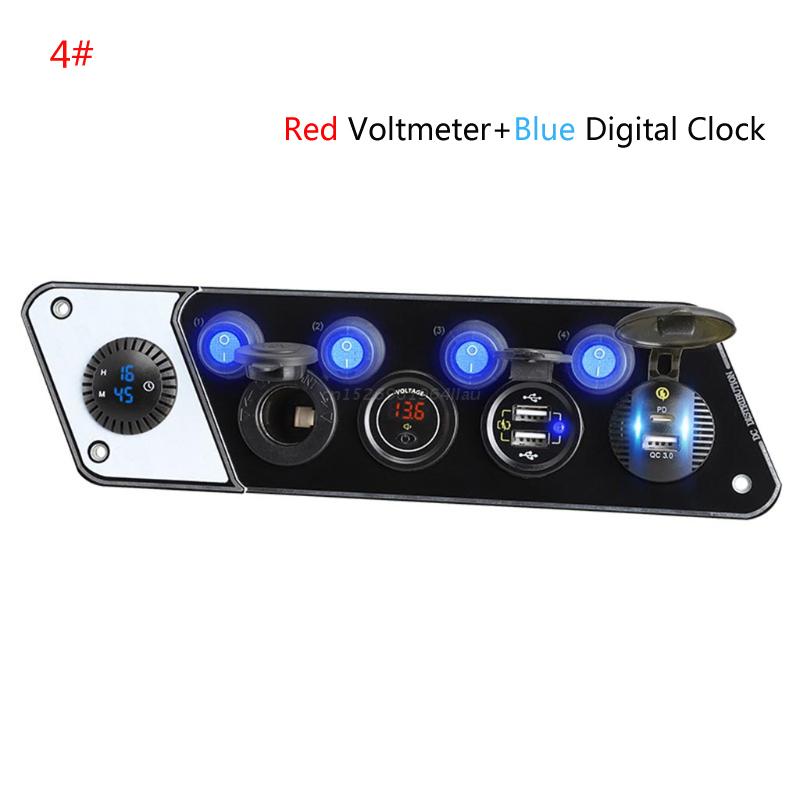 Multifunctional RV Phone Charger 12-24V PD QC3.0 Charging Socket with Voltmeter Digital Clock with 4 Switch: 4