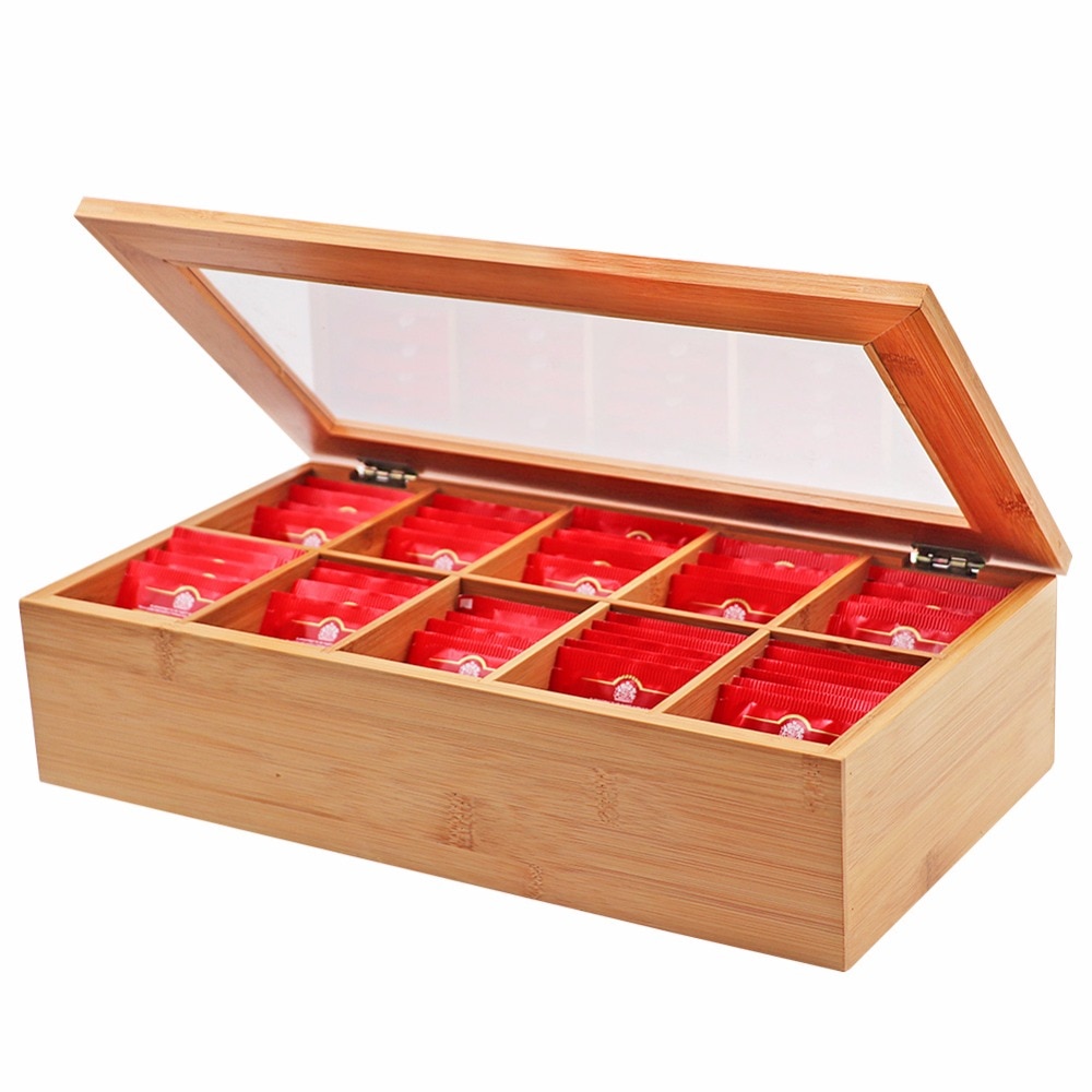 Holz Lagerung Kasten Tee Kasten Lagerung 10 Fächer Teile Container Schmuck Zubehör Lagerung Behälter Bambus Brust fallen