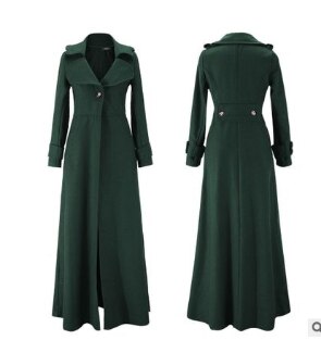 Dames lange mouwen extra lange jas imitatie wollen jas één knoop omslagkraag winterjassen damesjas: Groente / Ik