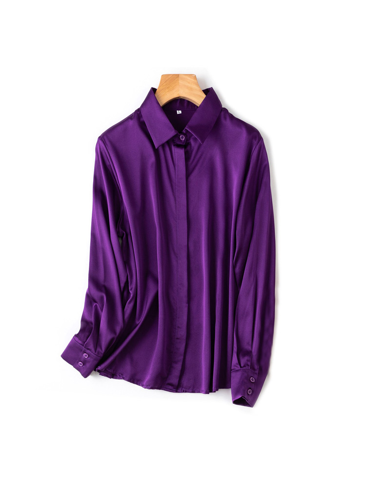 SuyaDream-camisas lisas de seda 93% auténtica para mujer, Blusa de manga larga de 7% licra, Top para oficina, primavera y otoño, 2022: XL / Morado