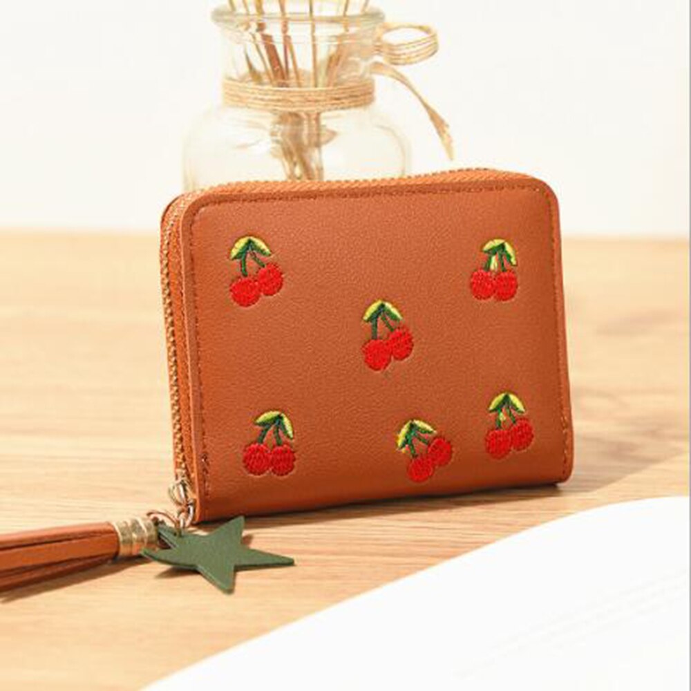 PU Cherry Embroidered Short Women Wallet Zipper Coin Purse Tassel Women Clutch Purses Cards Holder Coin Pocket: Brown