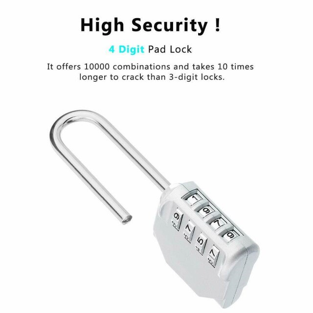 4 Digit Number Combination Padlock Long Shackle Padlock Outdoor Waterproof Lock Suitcase Luggage Security Coded Lock: Silver