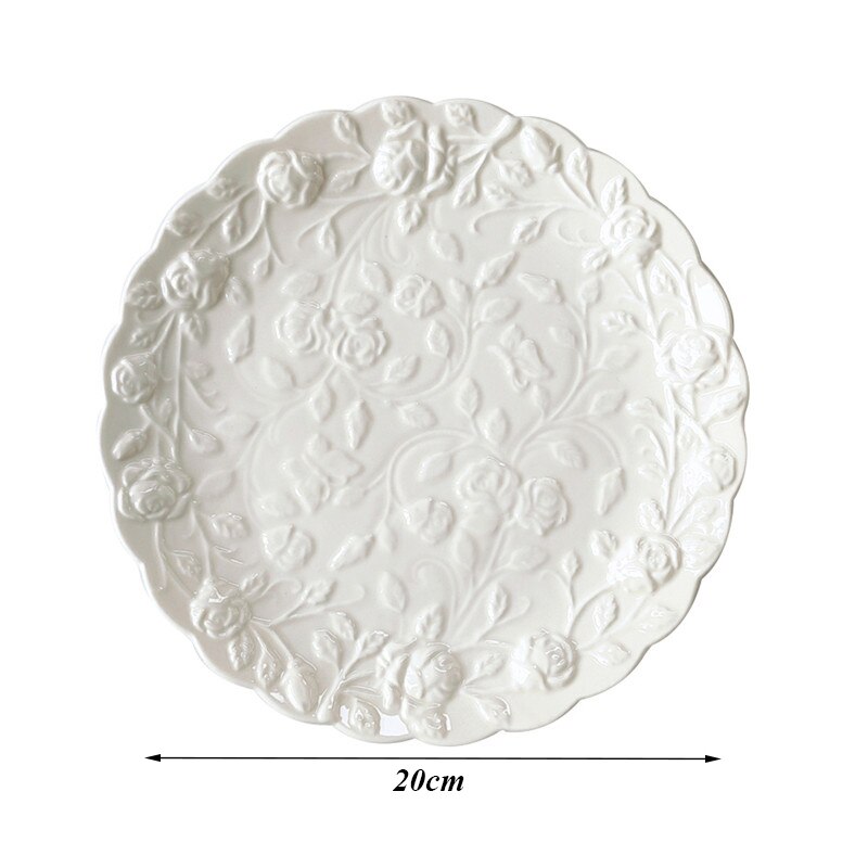 Plato de cerámica con borde ondulado para carne, vajilla con flores en relieve, plato Simple para ensalada, postre, taza de café de porcelana blanca