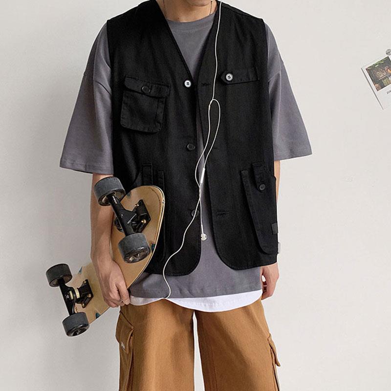 Kamizelki męskie kieszenie płaszcze bez rękawów kamizelki wypoczynek szyk codzienne znosić mężczyzna styl safari dla obu płci pary BF nastolatki Harajuku kamizelka: czarny / L