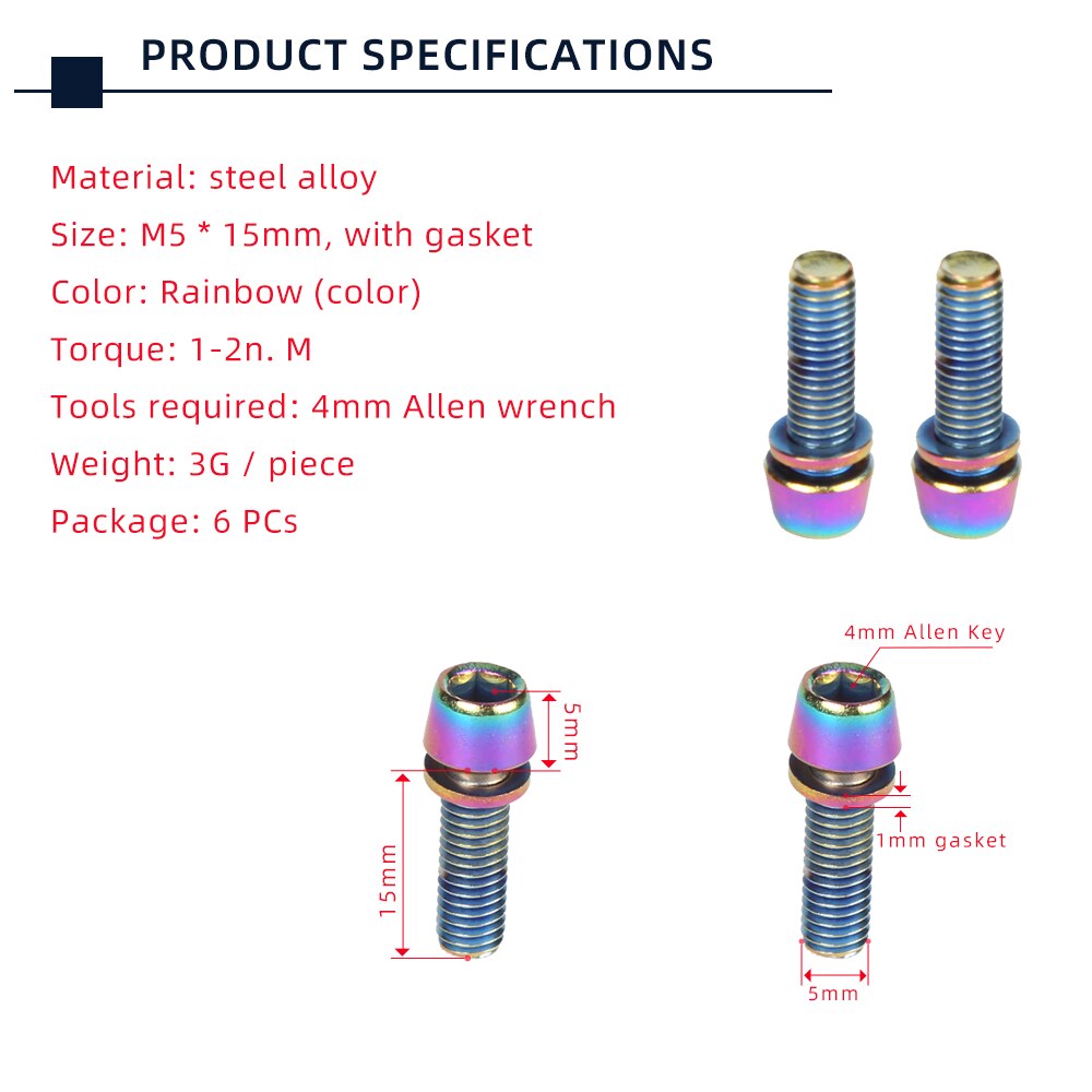6pcs TANKE M5 * 18 15mm Bolt Screw with gasket For MTB Road Bicycle Stem and bottle rack Rainbow