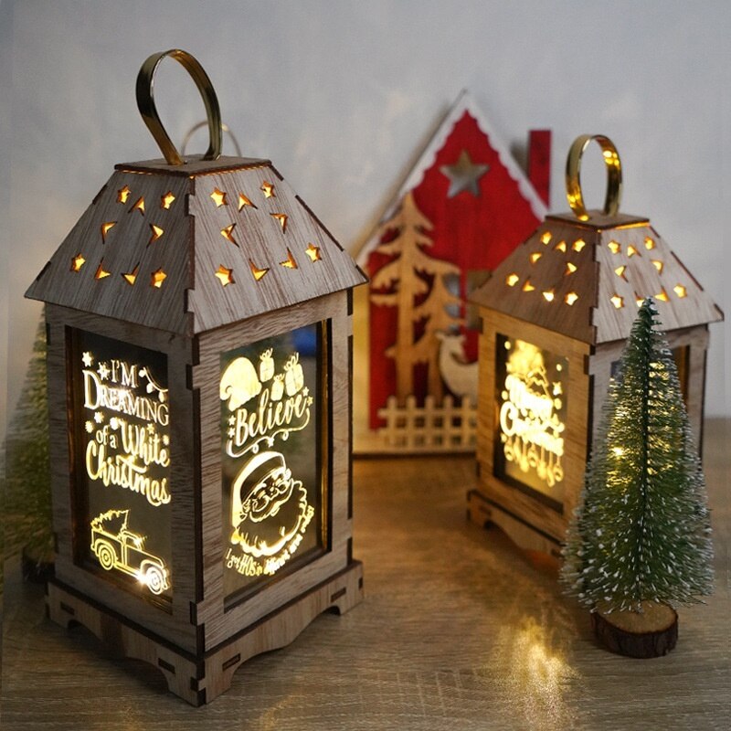 Lichten Houten Kerst Decoratie Wind Lantaarn Led Lichtgevende Creatieve Ornamenten Draagbare Lantaarn