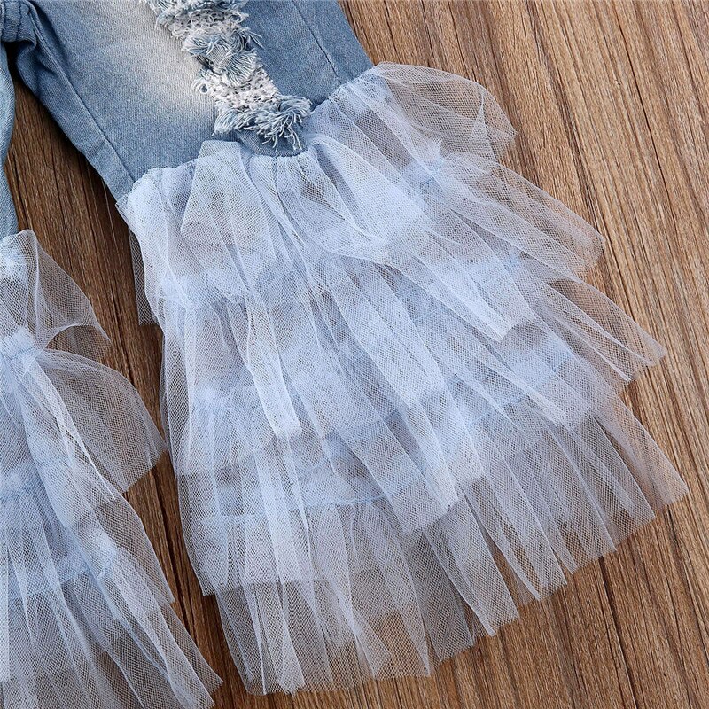 1-6Y Peuter Kids Baby Meisjes Kant Off Shoulder Tops T-shirt Ruche Denim Ripped Gat Broek Outfits Meisje Kleding 2 stuks Set