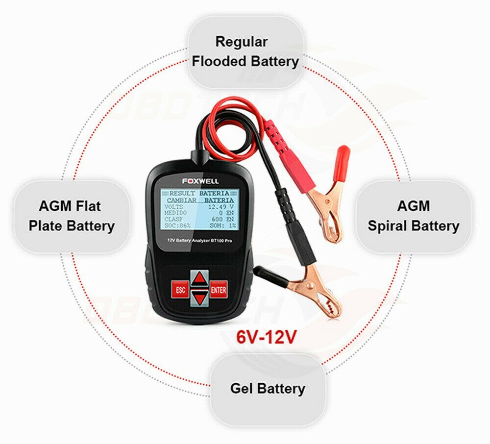 Foxwell  bt100 pro bilbatteri tester 12v 100-1100 cca batteritester last batteri analysator test bil diagnostisk verktøy for agm gel