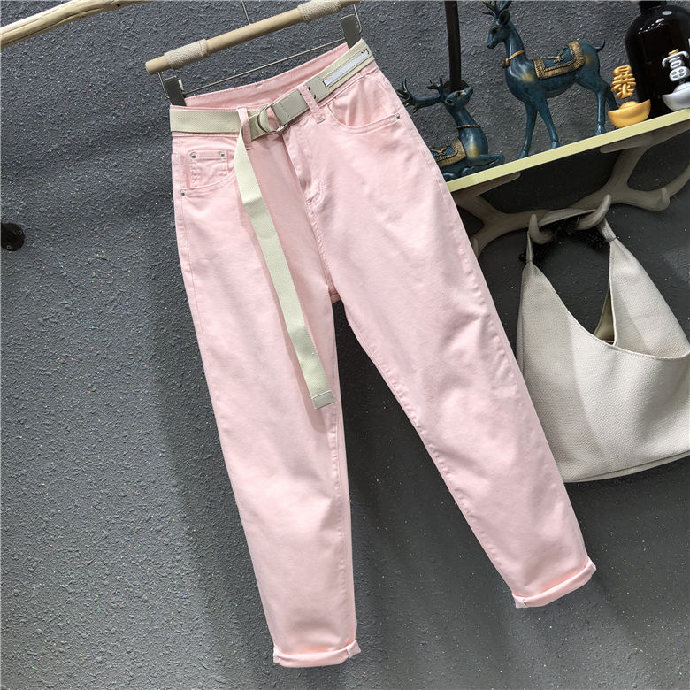 Pantalon en Denim vert menthe pour femme, jean élastique taille haute, couleur pure, longueur cheville, printemps automne: Pink / XL