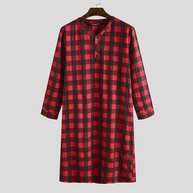 Plaid Men's Sleep Robes Homewear Soft Loose Long Sleeve V Neck Button Long Pajamas Leisure Men Nightgowns S-5XL INCERUN: Wine Red / 4XL