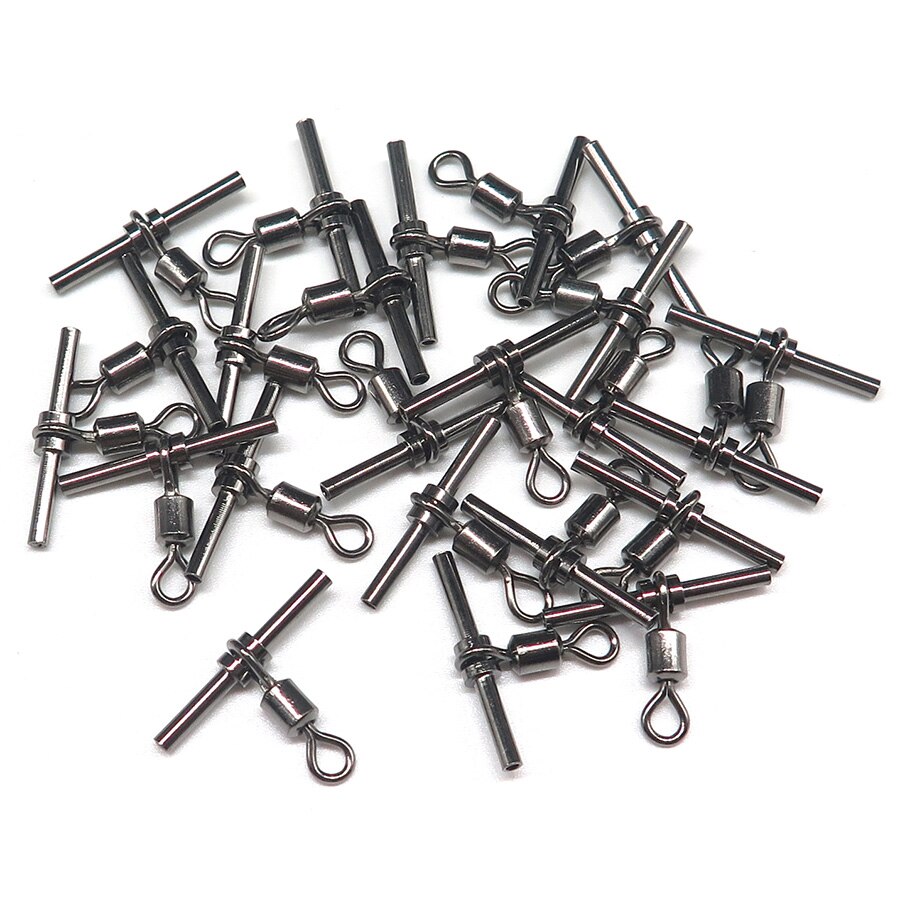 Minfishing-grúa de línea cruzada giratoria de 3 vías, conector de gancho de pesca de acero inoxidable, níquel negro, 25 unids/lote