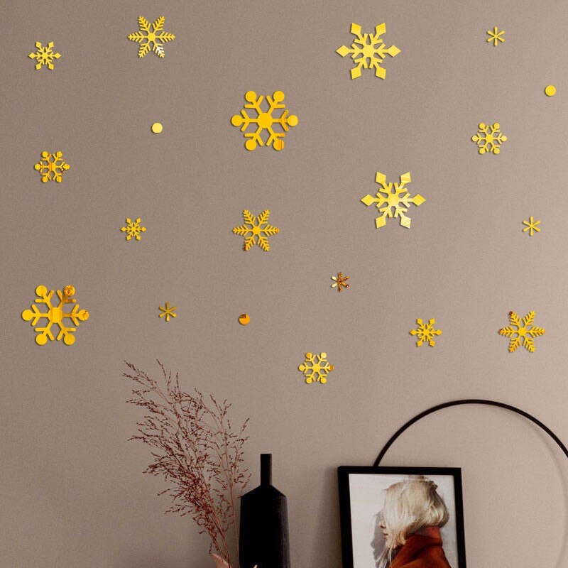 Goud/Zilveren Sneeuwvlok Kerst Muursticker Home Decoratie Spiegel Sticker